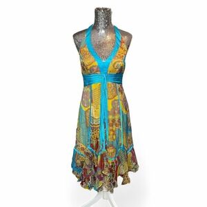 Vintage Y2K Fairy Silk Handkerchief Hem Babydoll Halter Dress Paisley Size 6